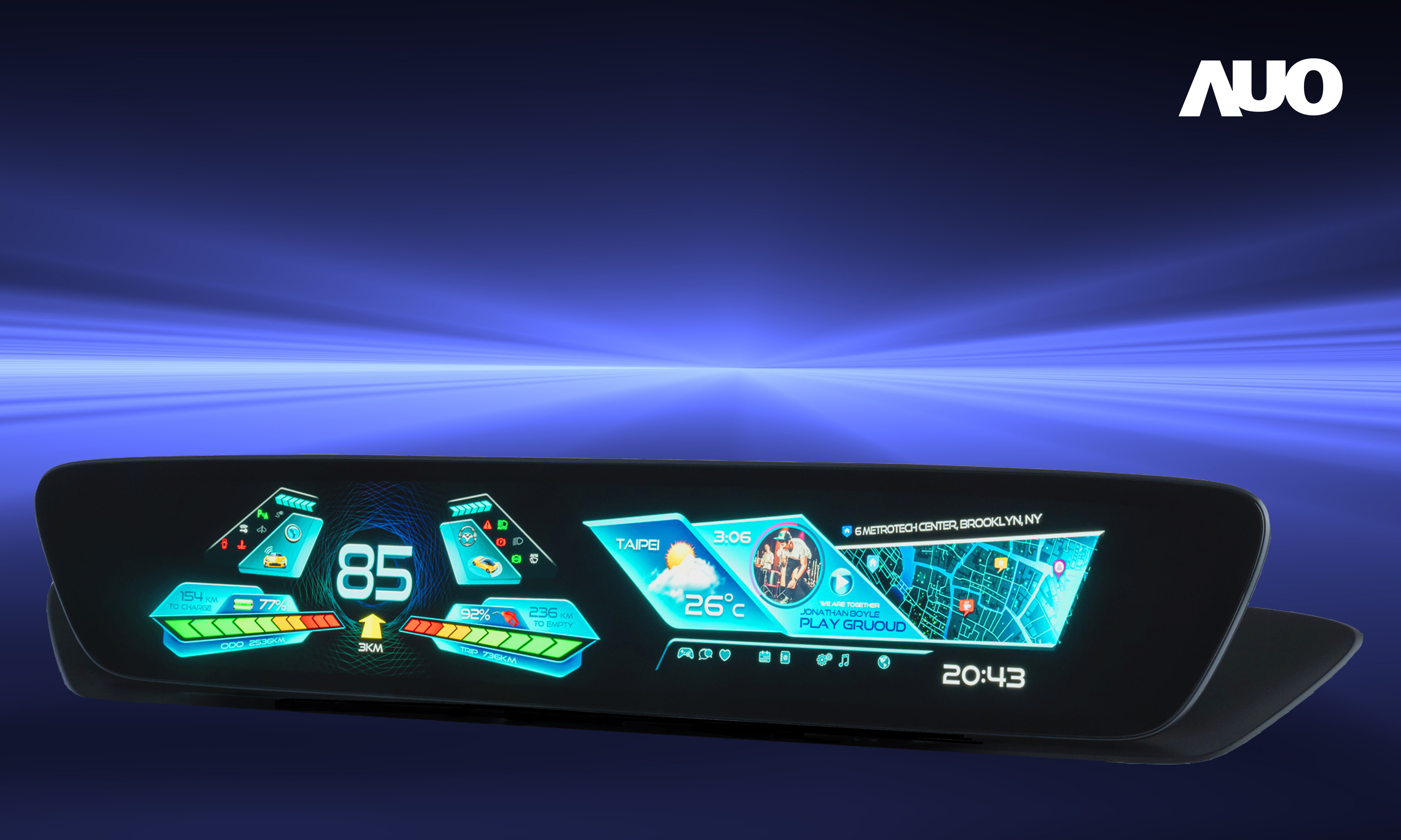 友達30.4吋異形曲面AmLED車載顯示系統，為一兼具儀表板及中控台人機介面的創新車載顯示系統，結合美學設計，提升車內科技沉浸感及使用體驗，讓車載顯示的未來應用更加多元化