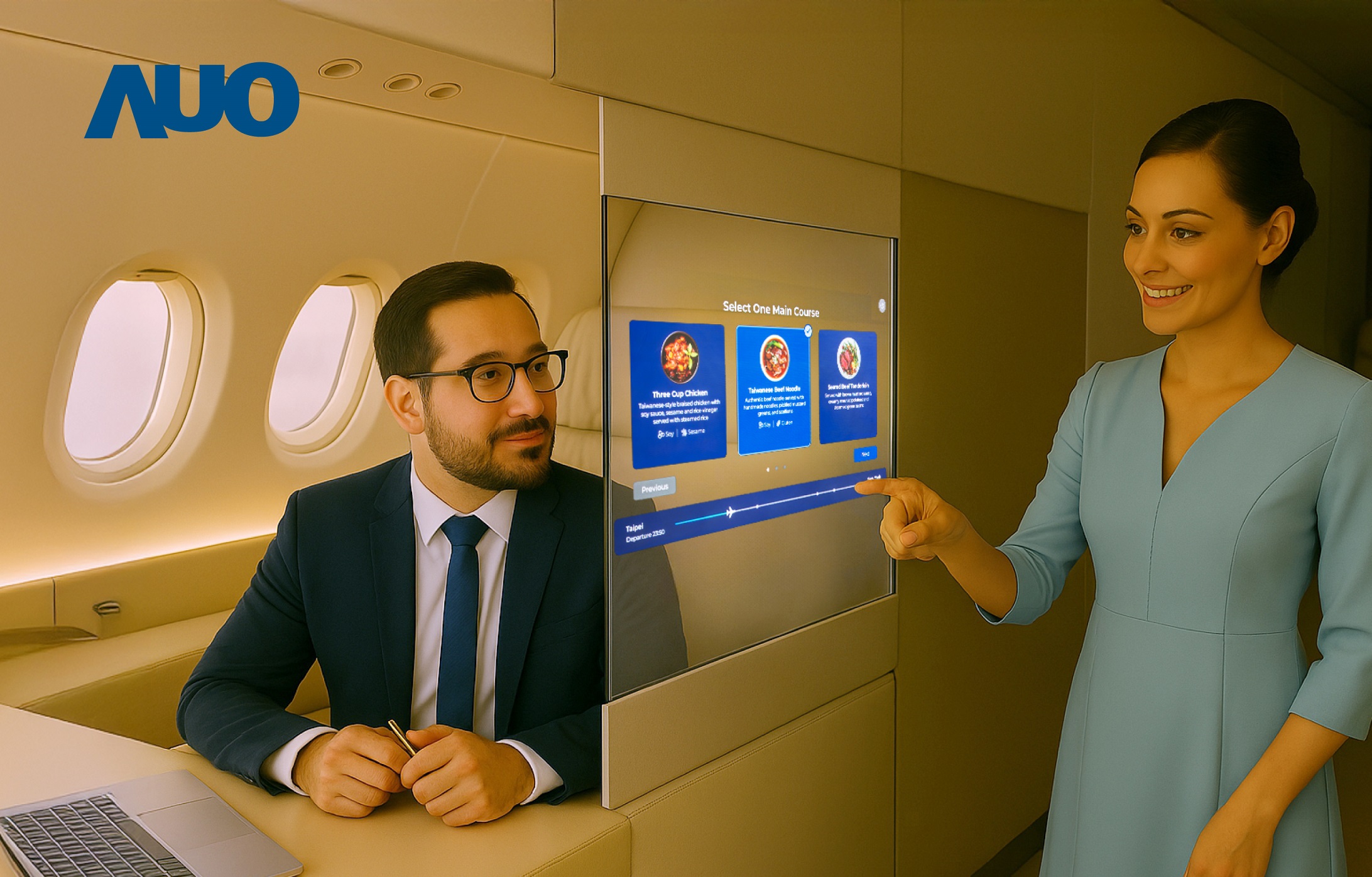 友達研發全球最薄17.3 吋雙面透明 Micro LED 顯示器，可在同一螢幕之雙邊投射不同資訊，創造獨特的「透明化」互動；圖為即時翻譯交流應用情境