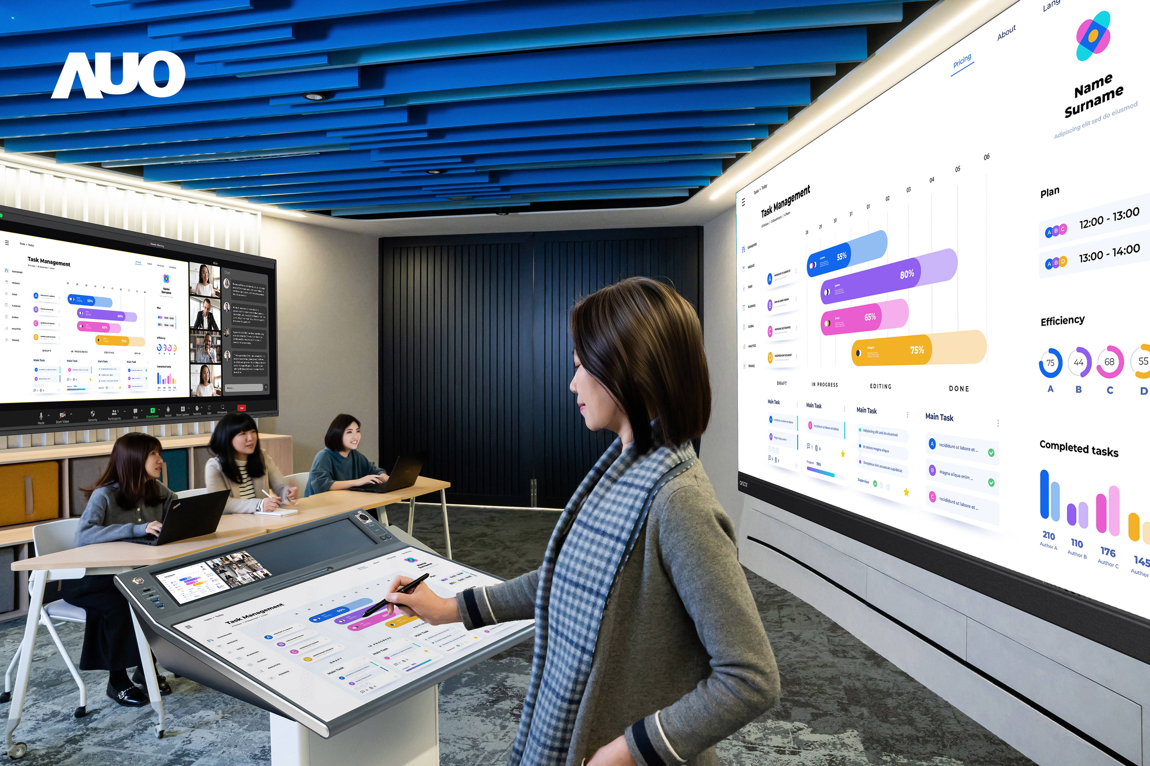 達擎攜手Avocor與Rise Vision展示全方位商務領域應用，包含採用模組化設計的138吋一體式All-in-One LED顯示器及具21:9超寬比例的92吋互動式電子白板（IFPD），講者可輕鬆分享內容，有效提升會議協作效率。